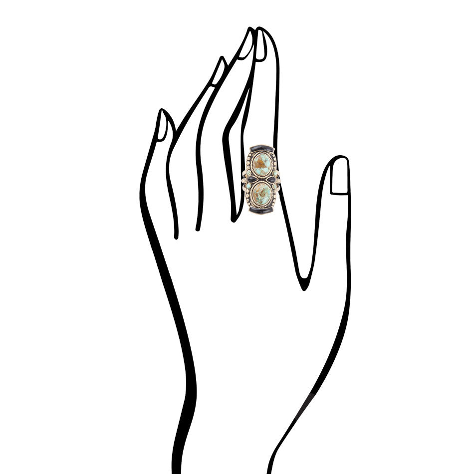 Blue Turquoise and Black Onyx Double Up Golden Ring