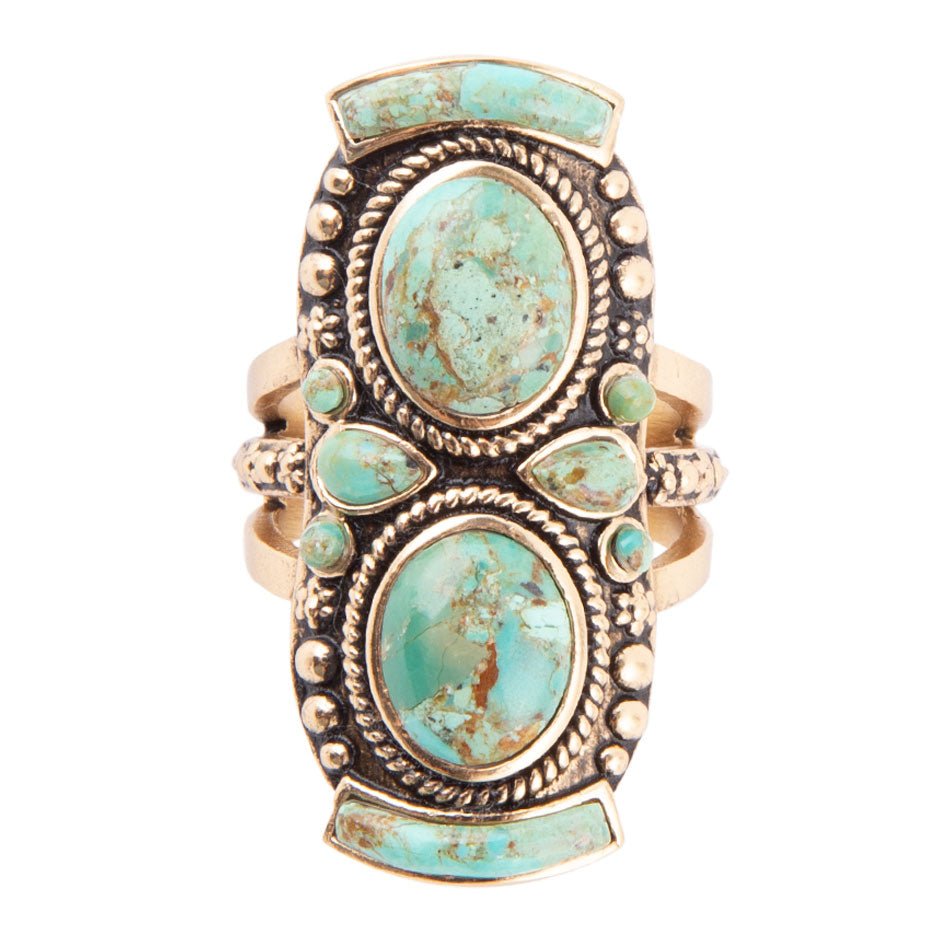 Double Blue Turquoise Golden Shield Ring Bronze