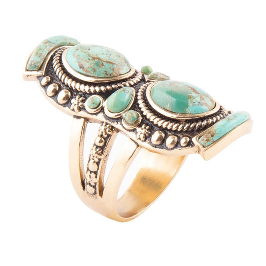 Double Blue Turquoise Golden Shield Ring Bronze