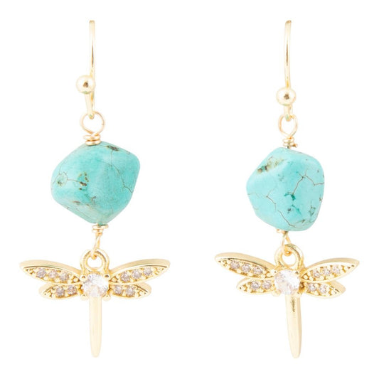 Blue Magnesite Golden Drop Earrings Dragonfly Charm Barse Jewelry
