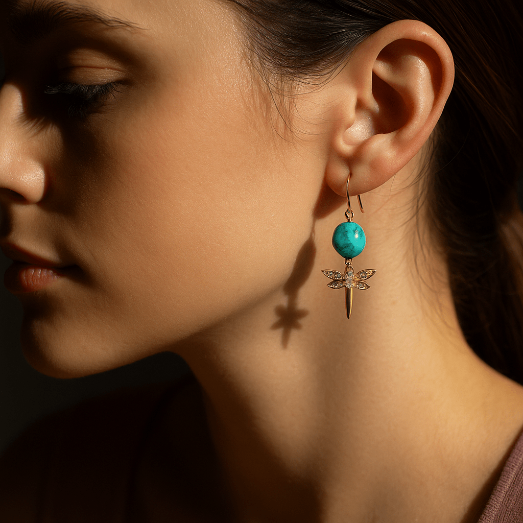 Blue Magnesite Golden Drop Earrings Dragonfly Charm Barse Jewelry