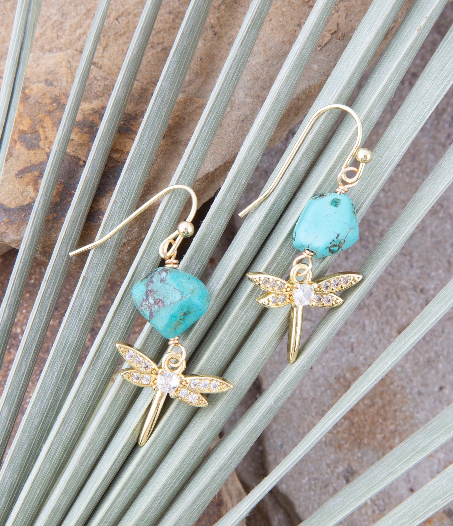Blue Magnesite Golden Drop Earrings Dragonfly Charm Barse Jewelry