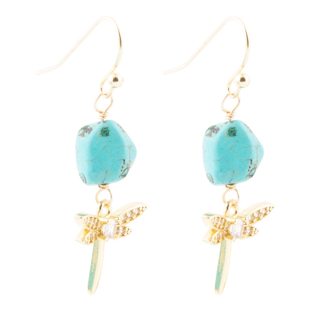 Blue Magnesite Golden Drop Earrings Dragonfly Charm Barse Jewelry