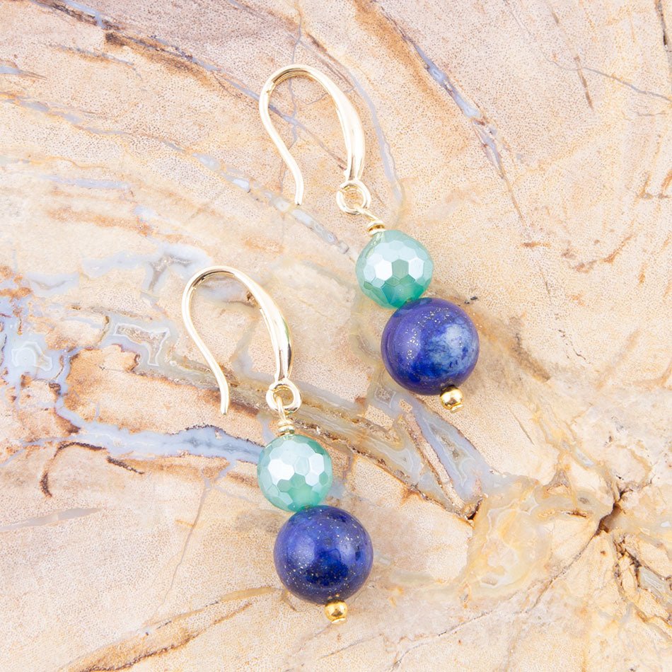 Dreamy Blue Lapis Green Golden Drop Earrings Lightweight Brass Jewelry