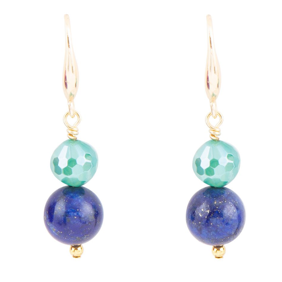 Dreamy Blue Lapis Green Golden Drop Earrings Lightweight Brass Jewelry