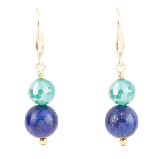 Dreamy Blue Lapis Green Golden Drop Earrings Lightweight Brass Jewelry