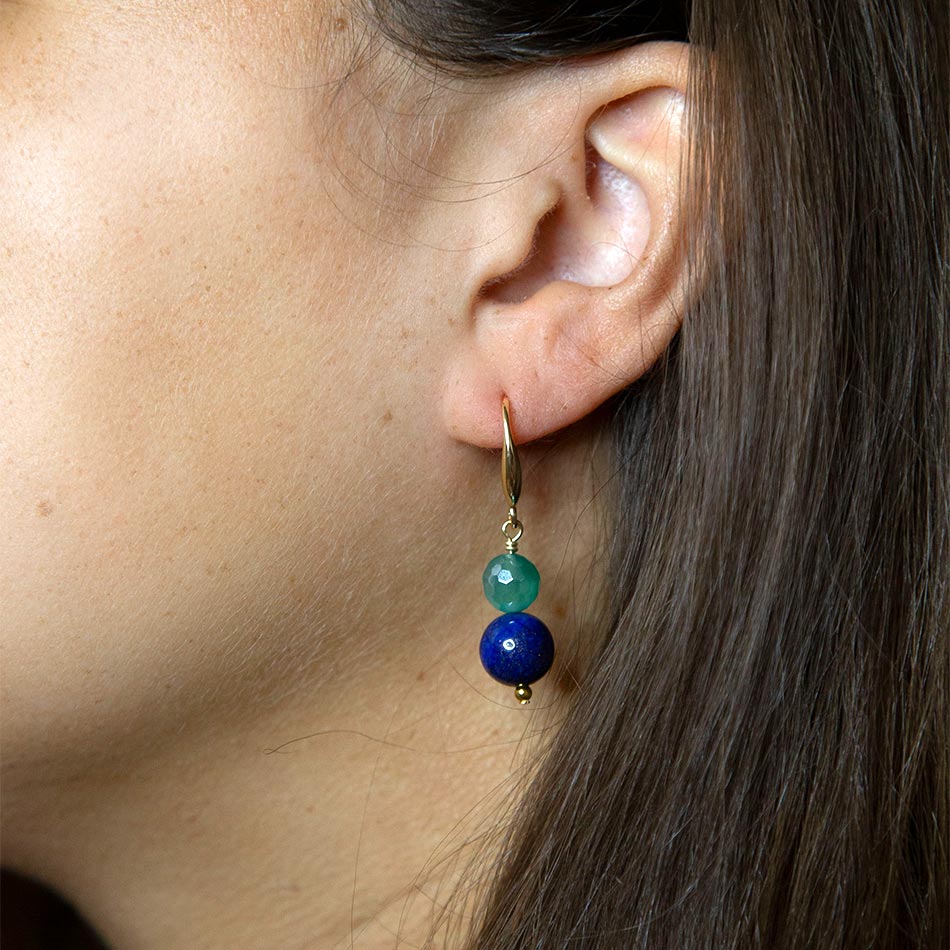 Dreamy Blue Lapis Green Golden Drop Earrings Lightweight Brass Jewelry