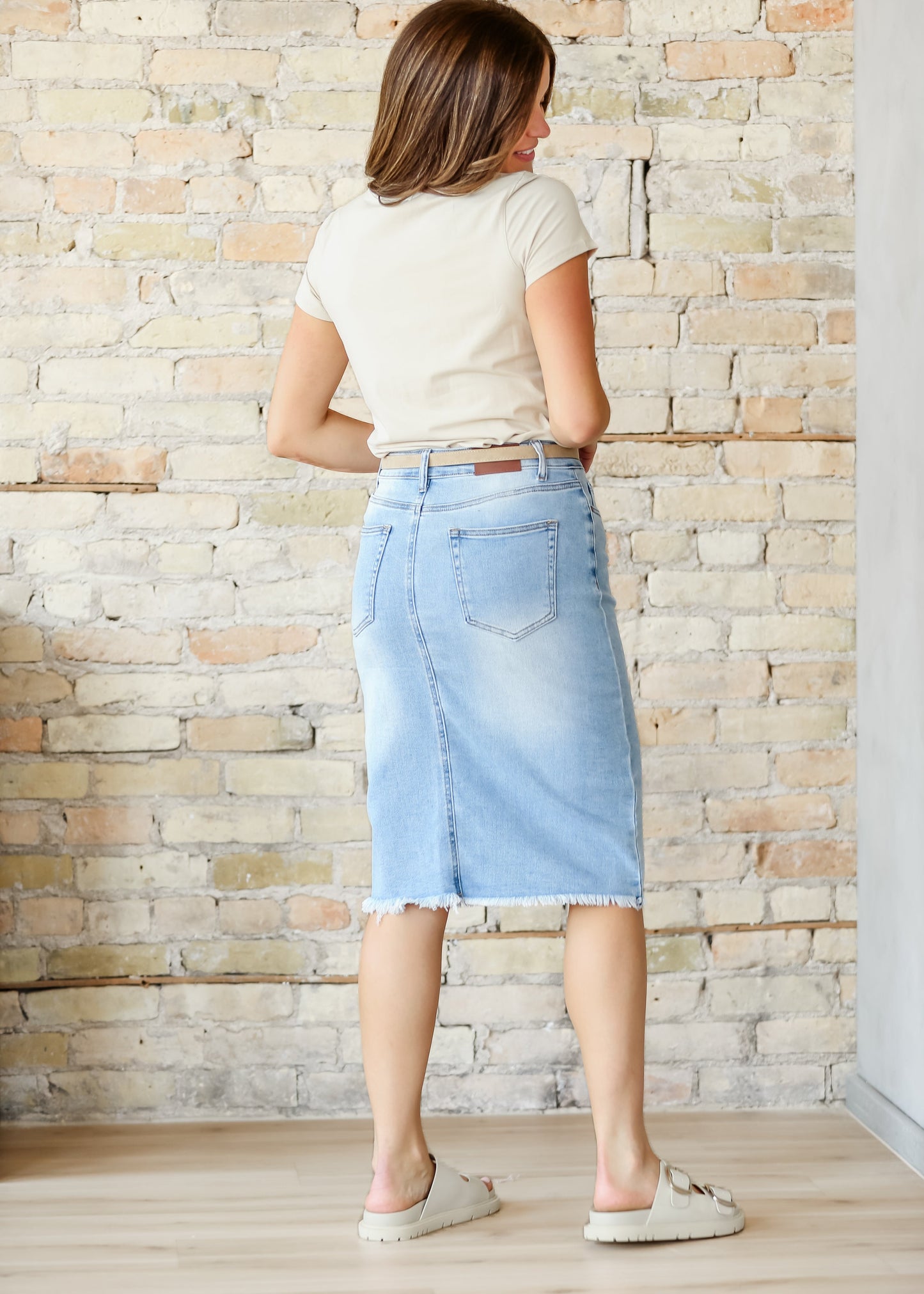 Raw Hem Midi Denim Skirt Blue Drew