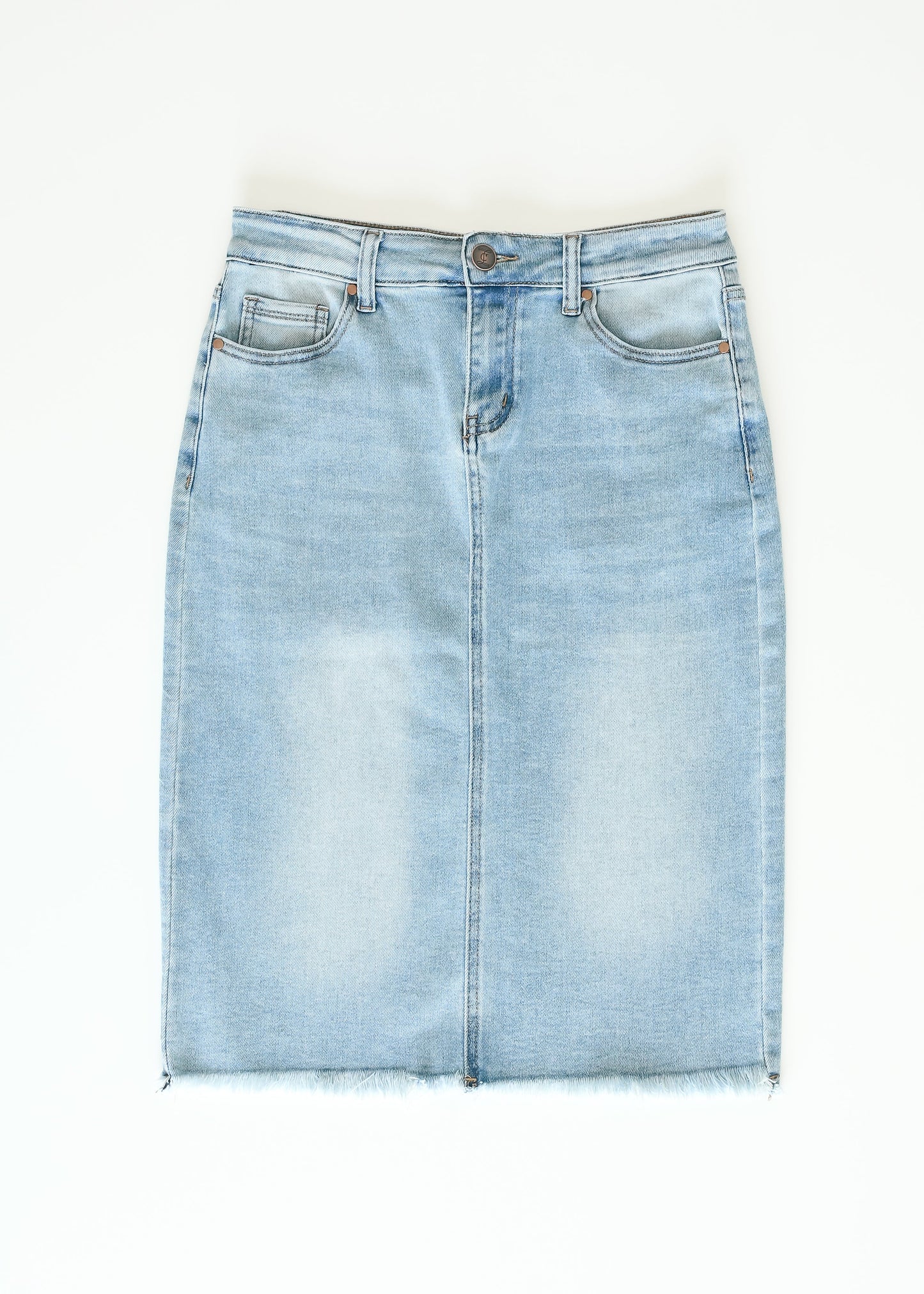 Raw Hem Midi Denim Skirt Blue Drew