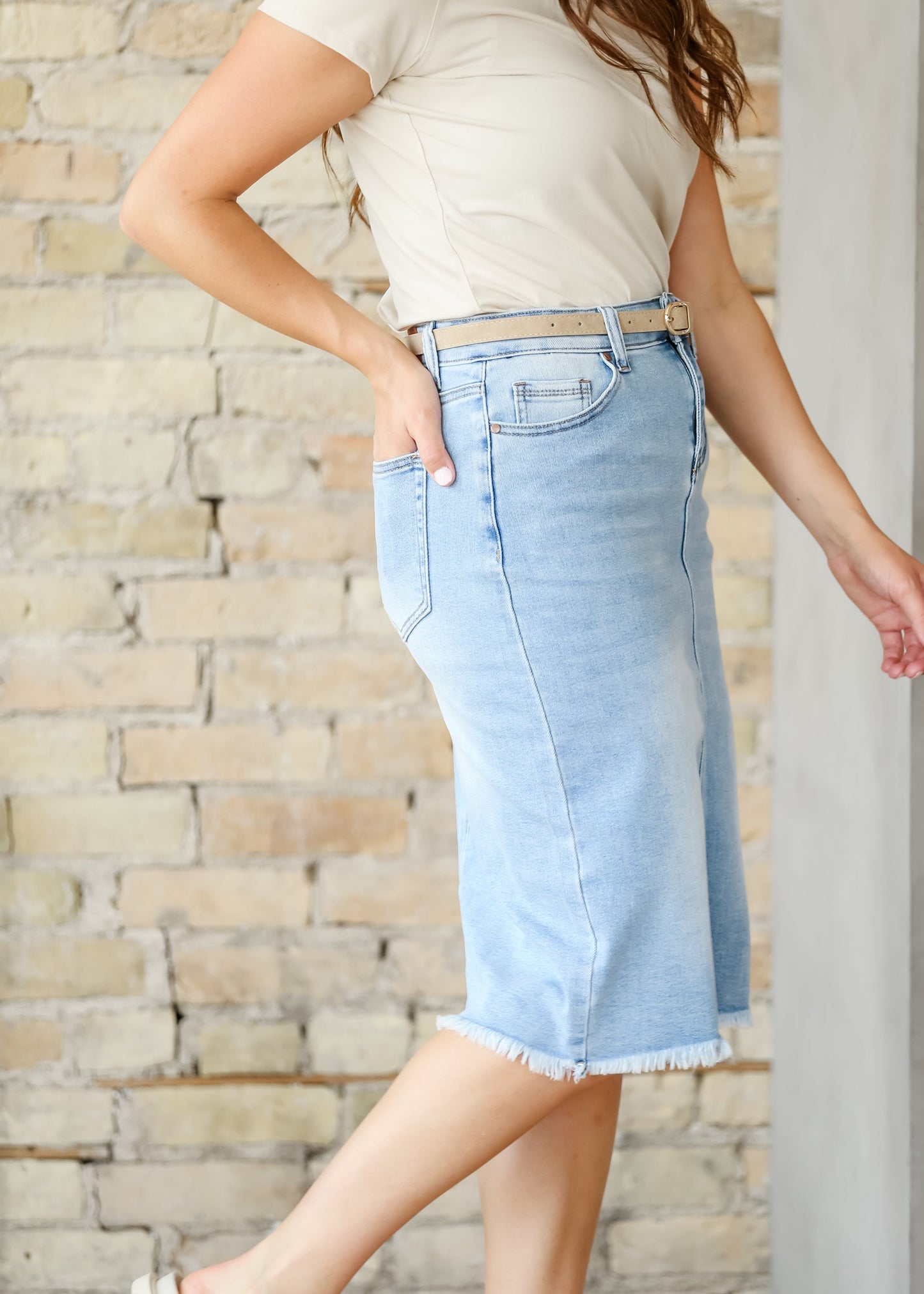 Raw Hem Midi Denim Skirt Blue Drew