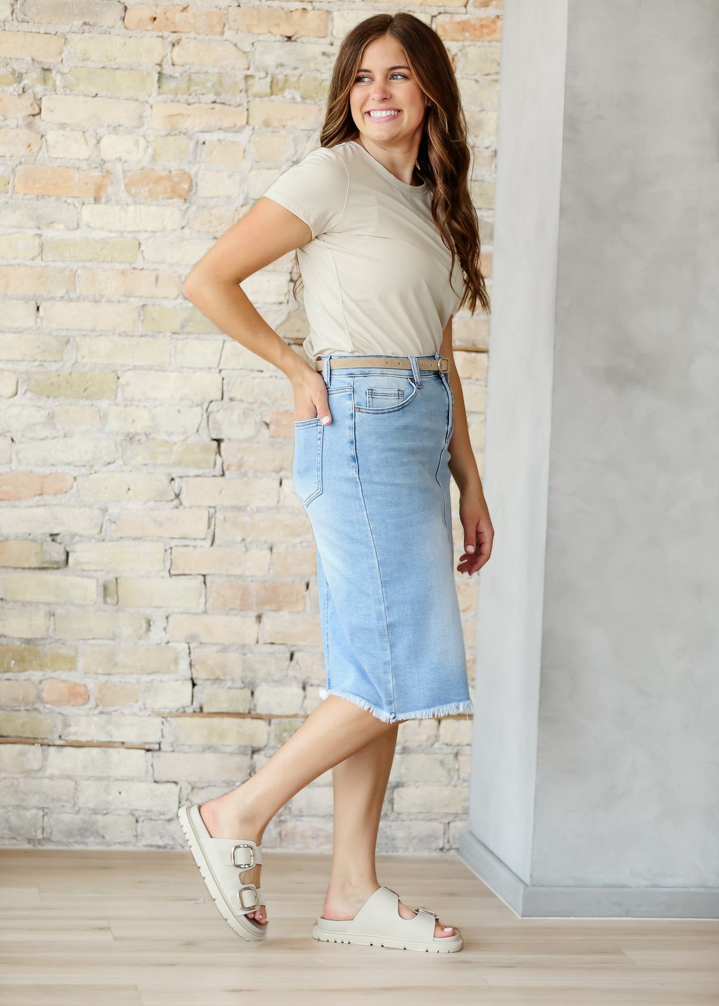 Raw Hem Midi Denim Skirt Blue Drew