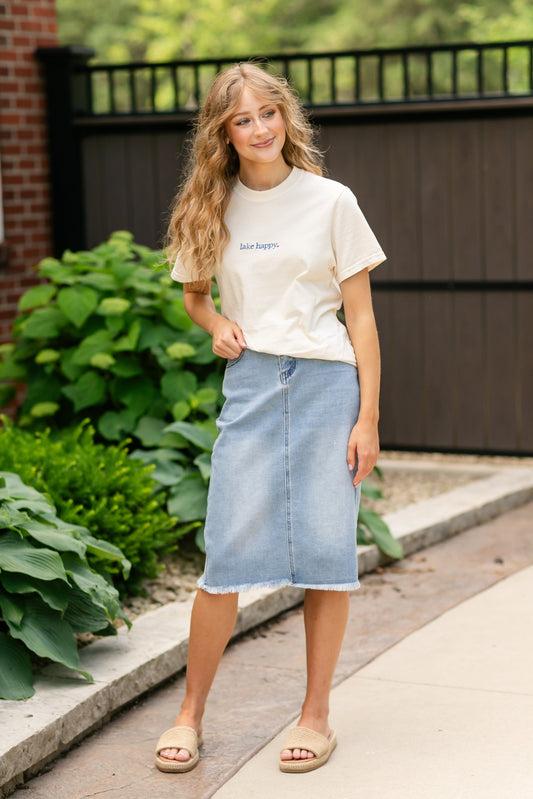 Raw Hem Midi Denim Skirt Blue Drew