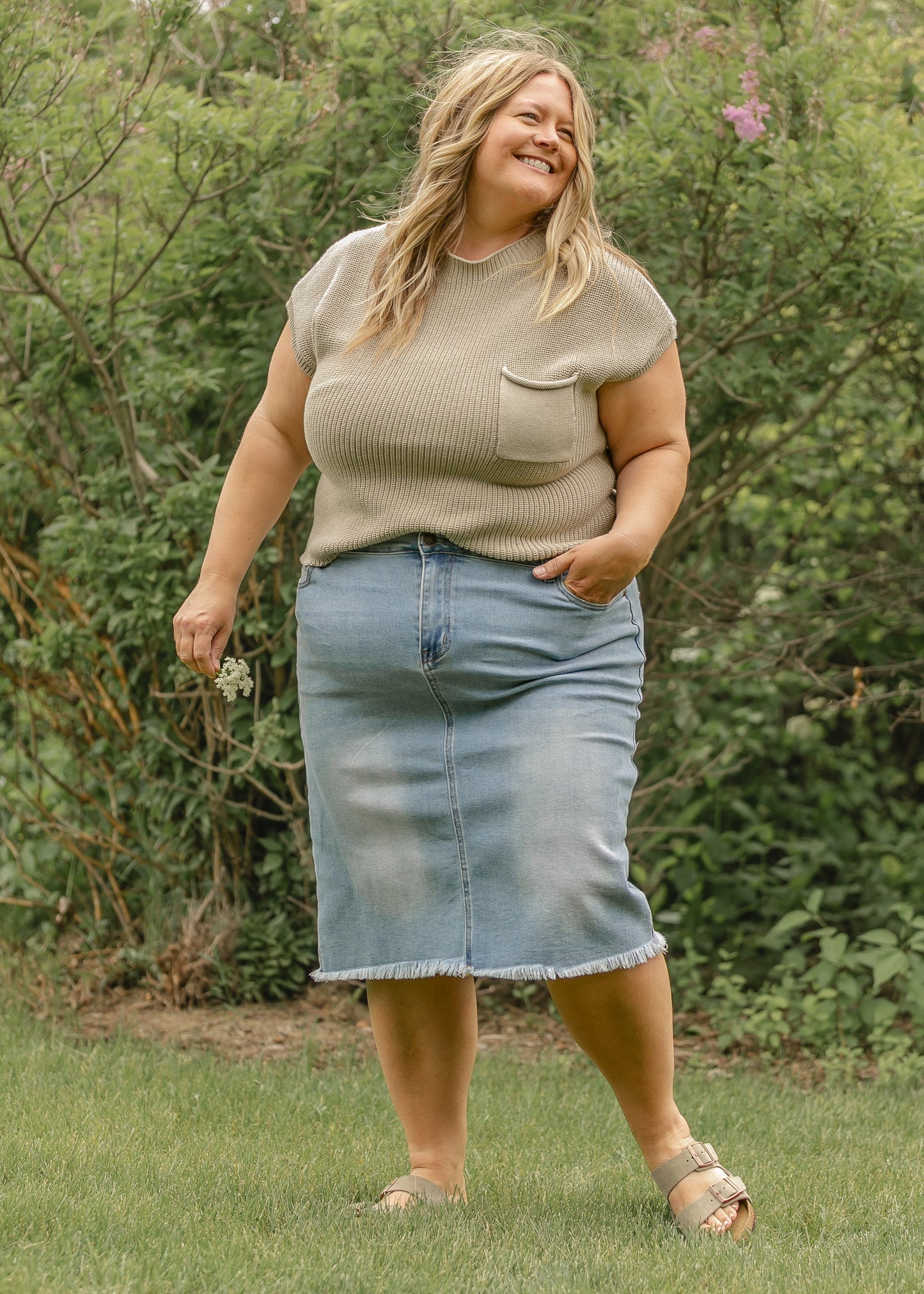 Raw Hem Midi Denim Skirt Blue Drew