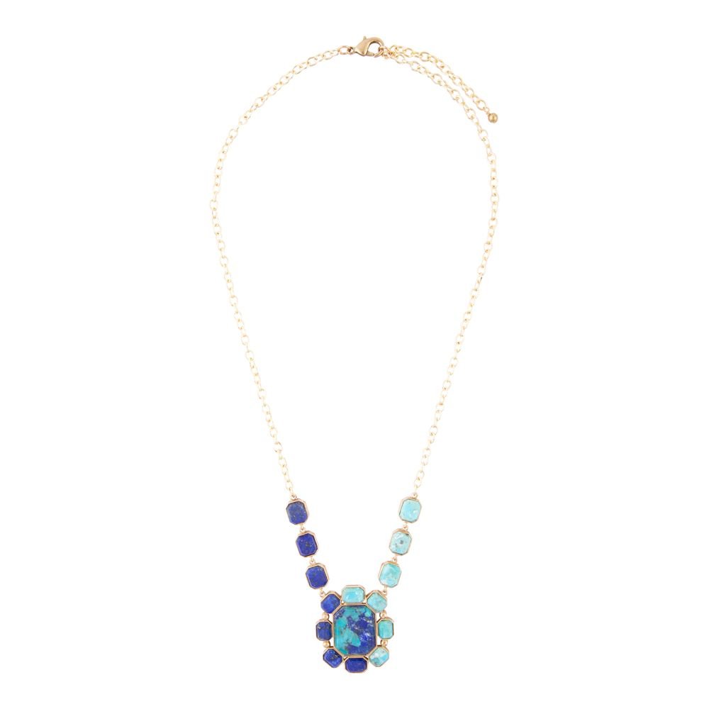 Blue Lapis and Turquoise Golden Pendant Necklace Duality