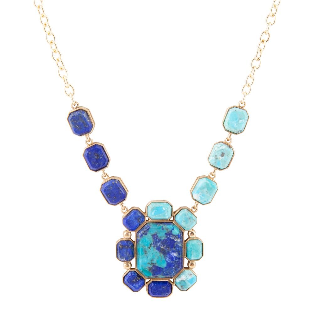 Blue Lapis and Turquoise Golden Pendant Necklace Duality
