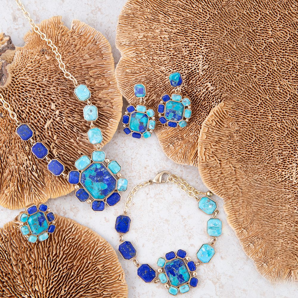 Blue Lapis and Turquoise Golden Pendant Necklace Duality