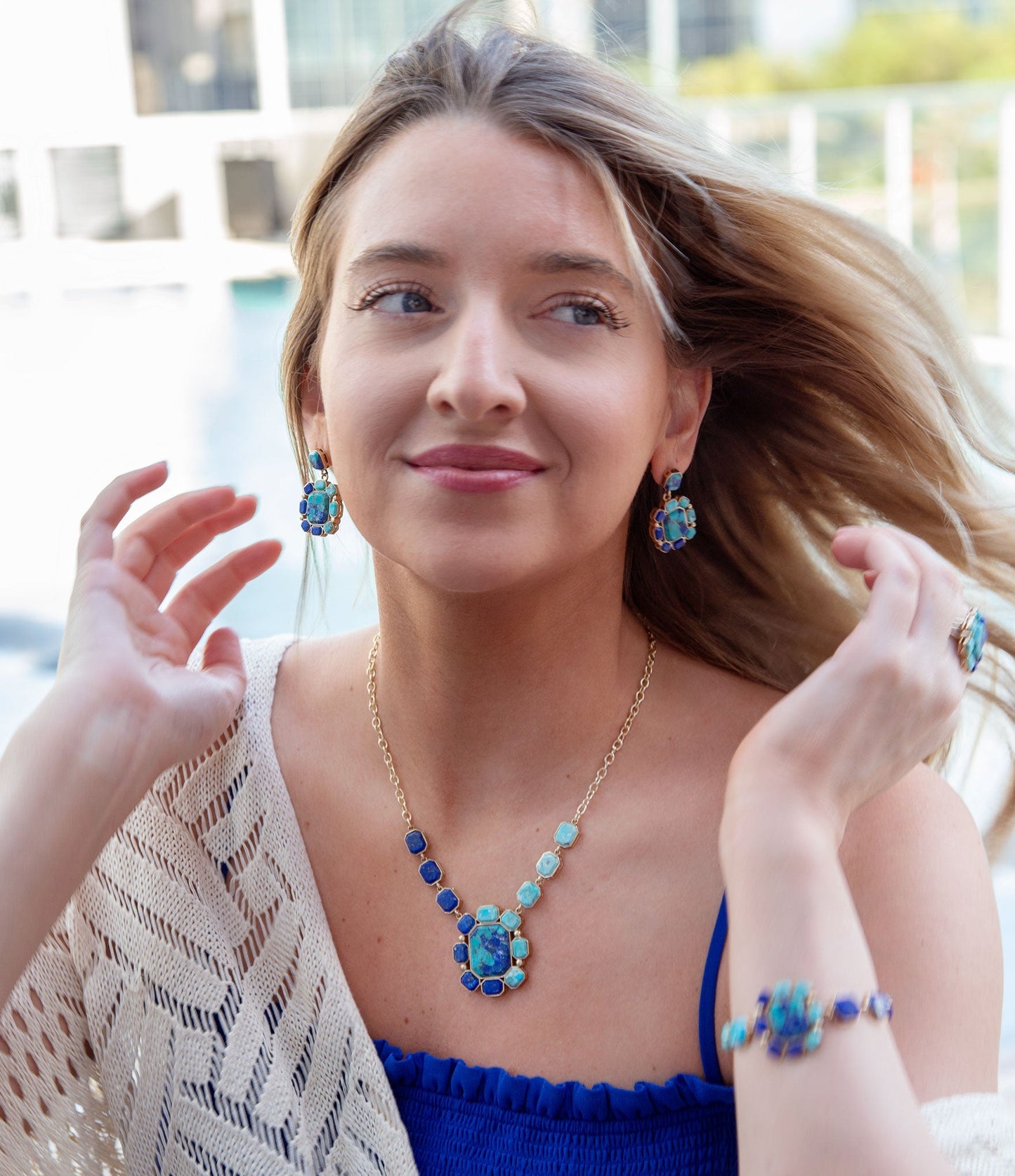 Blue Lapis and Turquoise Golden Statement Ring Duality