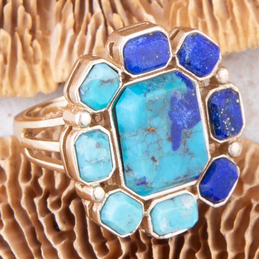 Blue Lapis and Turquoise Golden Statement Ring Duality