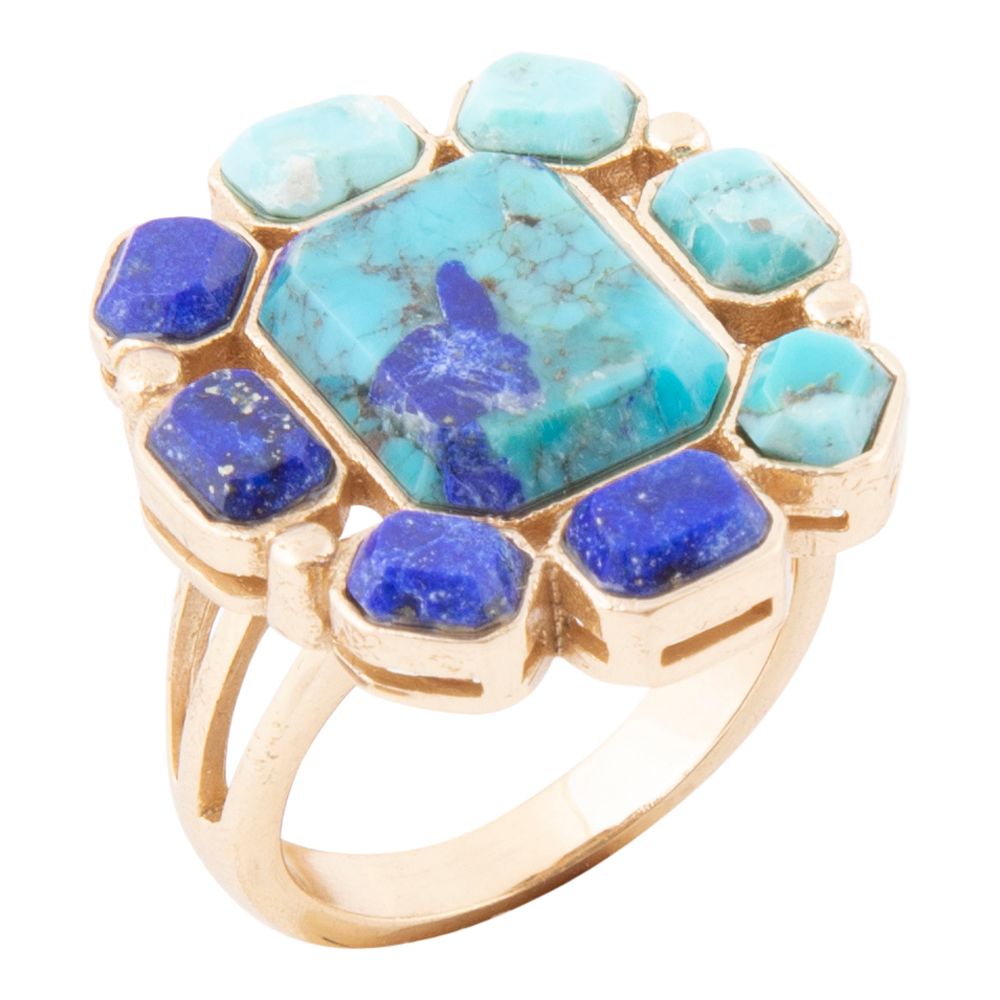 Blue Lapis and Turquoise Golden Statement Ring Duality