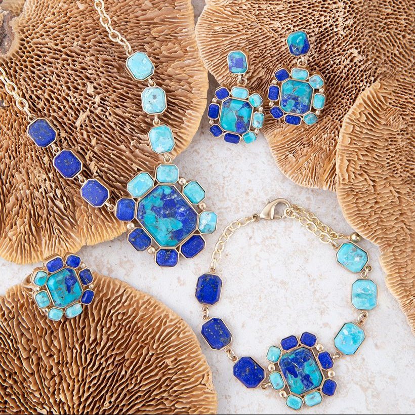 Blue Lapis and Turquoise Golden Statement Ring Duality