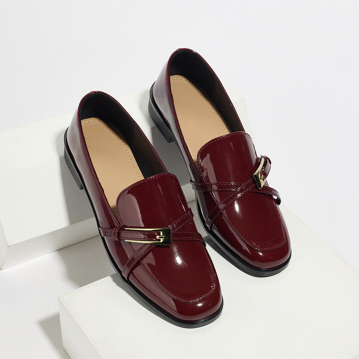 Patent Leather Low Heel Square Toe Loafers Women’s Slip-On Flats