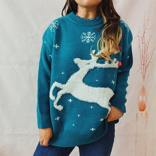 Women's Colorful Deer Snowflake Jacquard Christmas Sweater