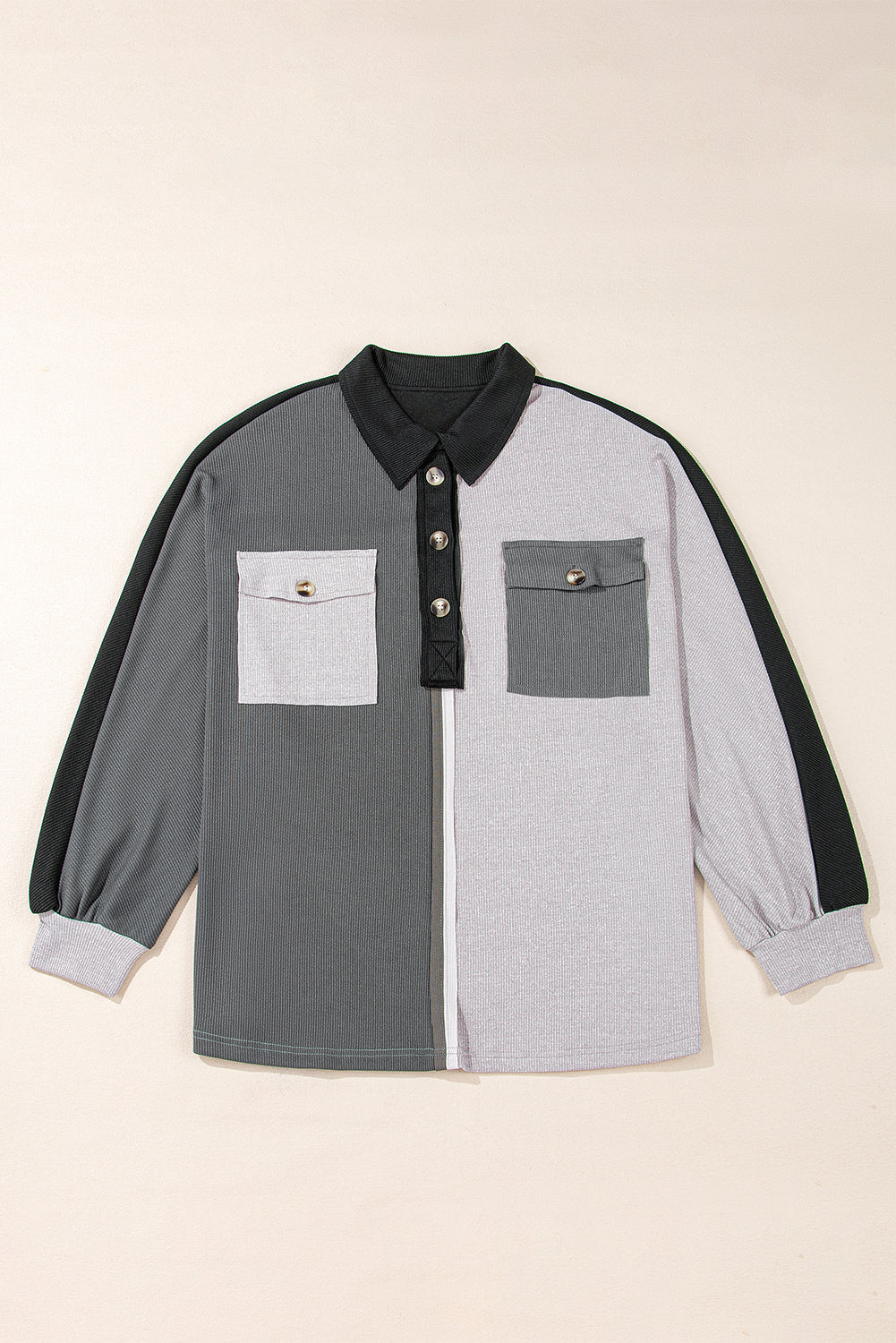 Gray Patchwork Ribbed Oversized Henley Sweatshirt