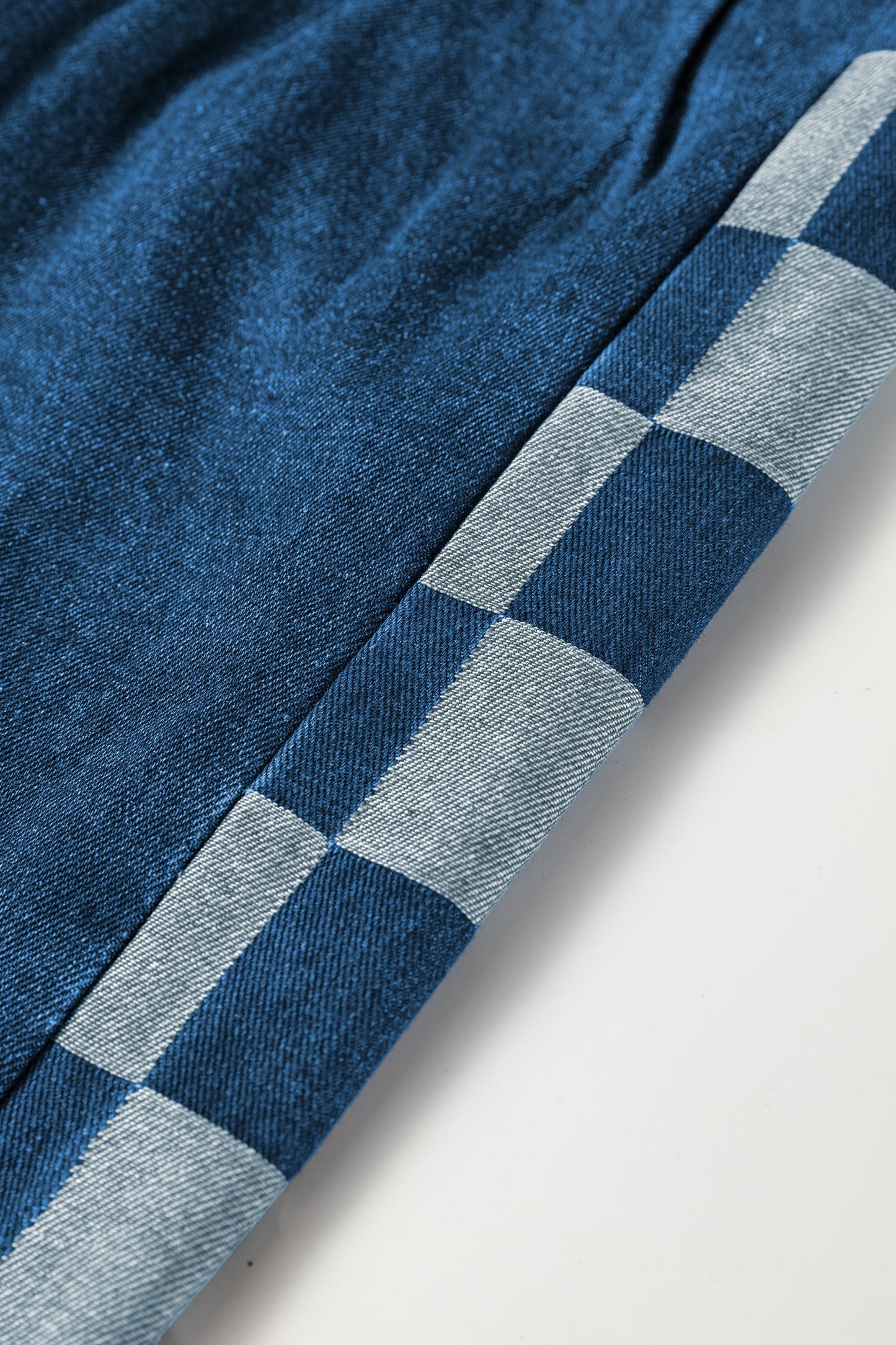 Blue Checkered Side Panel Patchwork Drawstring Loose Denim Pants