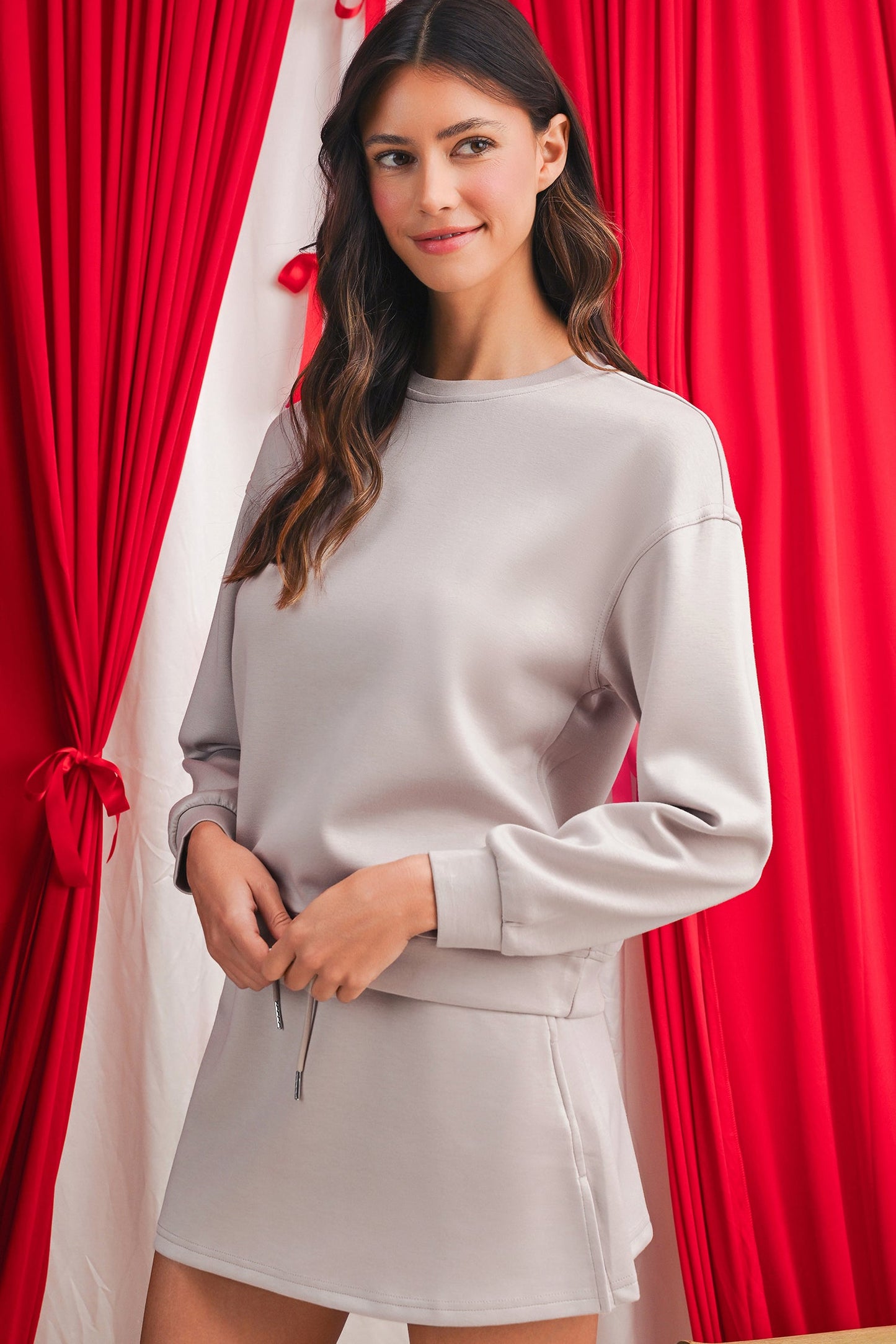 Coffee Solid Color Drop Shoulder Pullover Mini Skirt Set