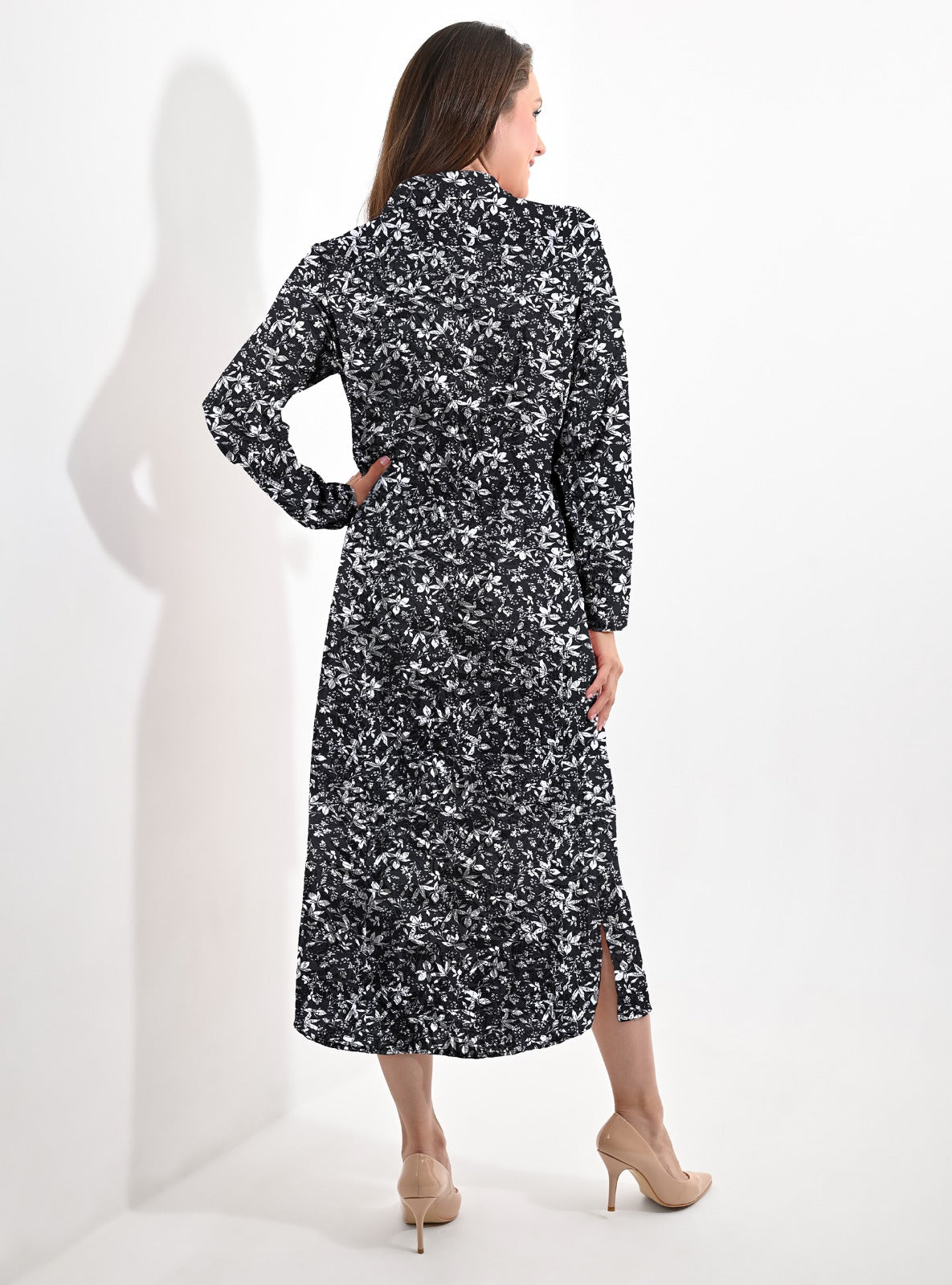 Adina Dress Midi Length Button Belted Waistline with Cuffed Long Sleeves