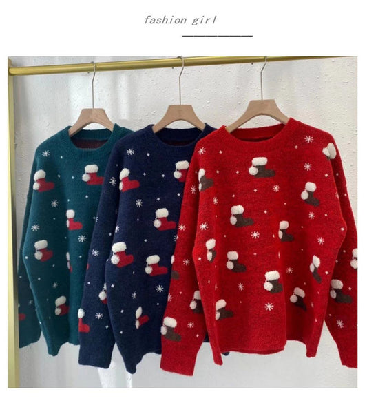 Christmas Sweater Knitted Jumper Women Lantern Sleeve Acrylic