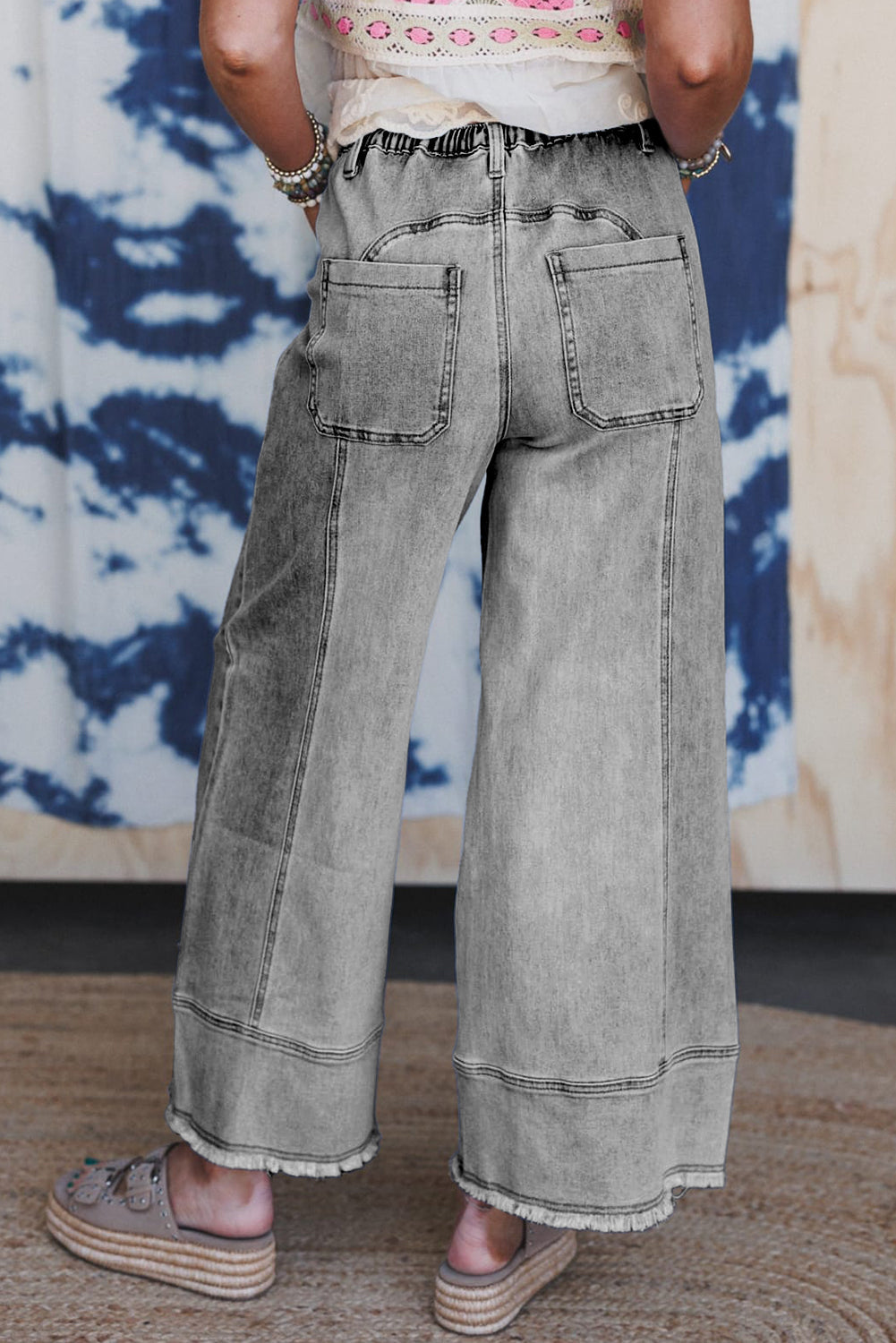 Drawstring Waist Seam Detail Wide Leg Jeans Beau Blue