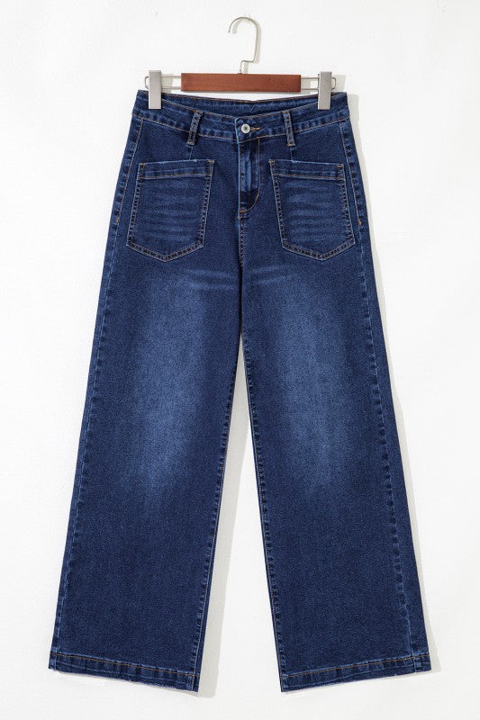 Denim High Waist Patch Pocket Straight Leg Jeans