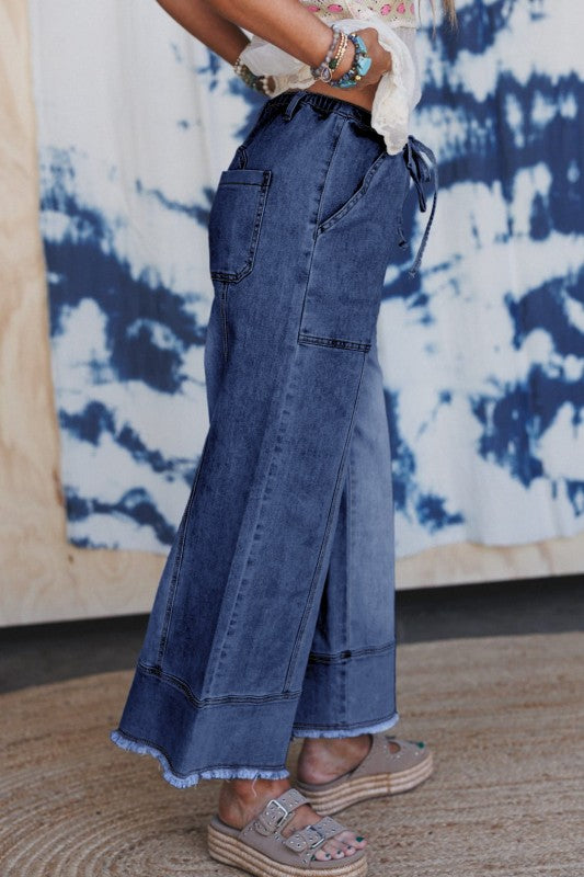 Denim Raw Hem Drawstring Wide Leg Pants