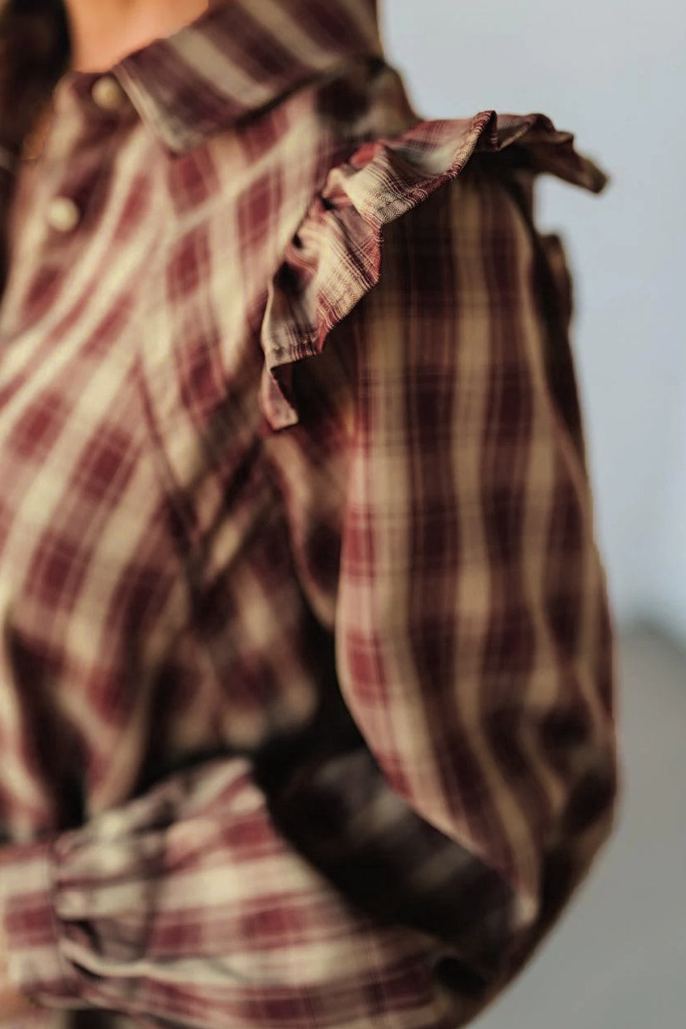 Red Plaid Print Ruffled Long Sleeve Mini Shirt Dress