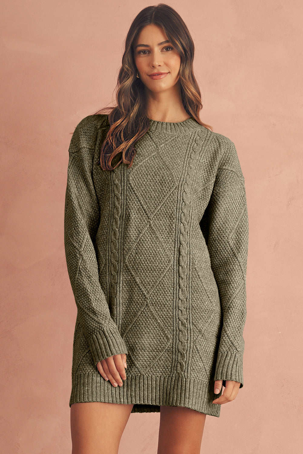 Parchment Twist Cable Knit Loose Fit Sweater Dress