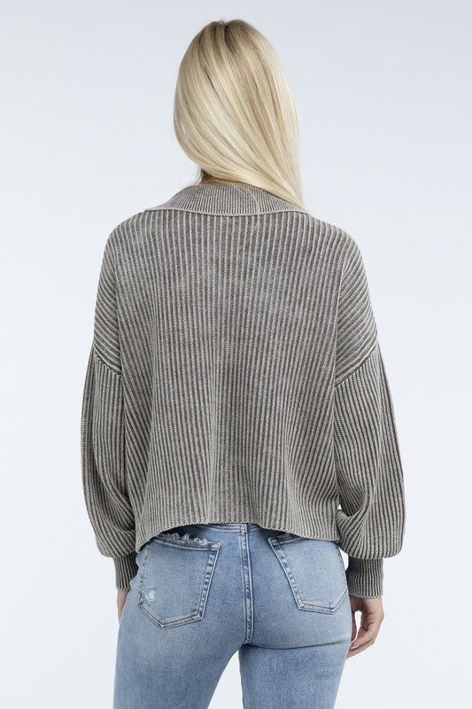 Washed Collared Henley Sweater Low Gauge Heavyweight Sweater