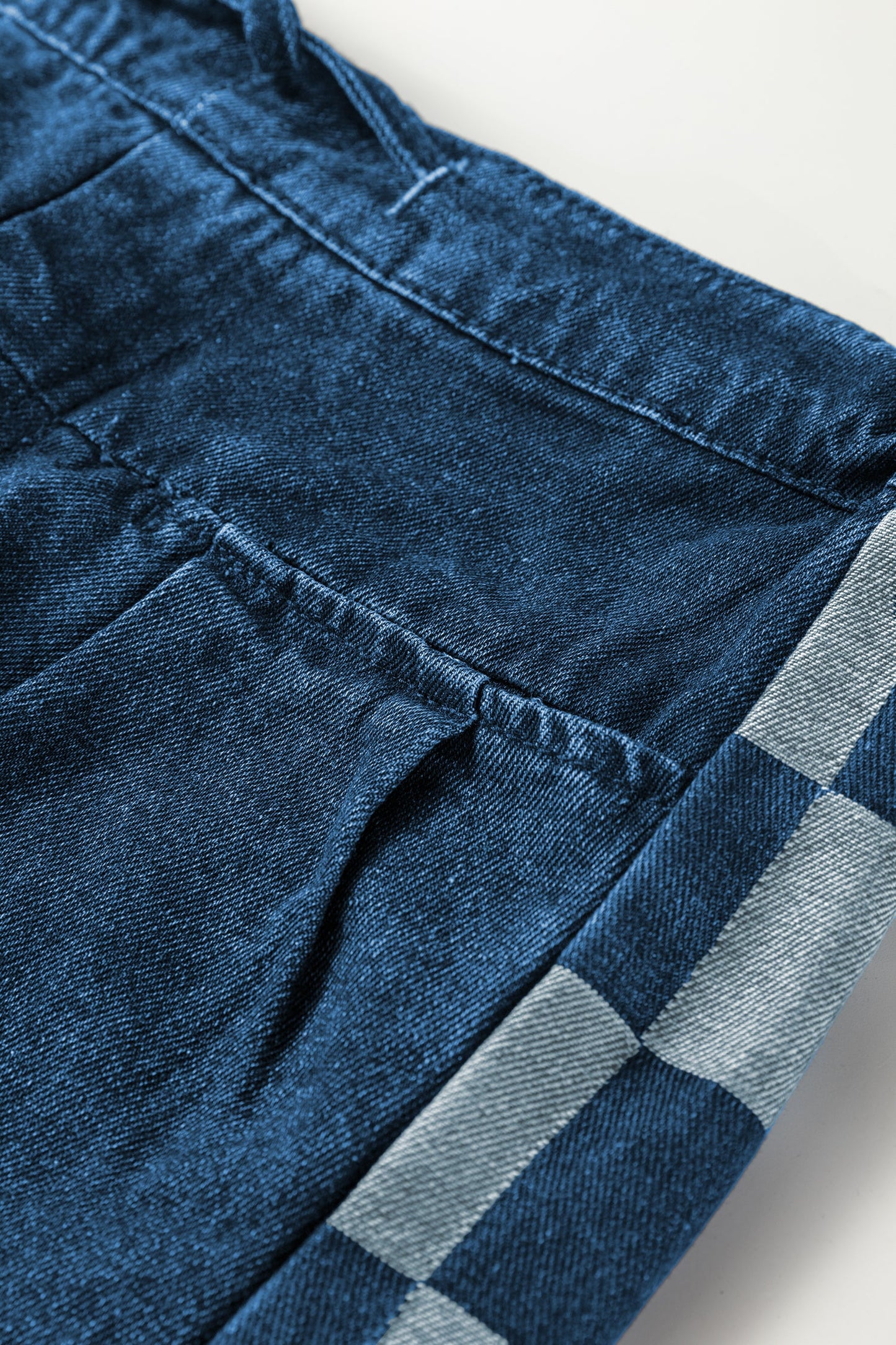 Blue Checkered Side Panel Patchwork Drawstring Loose Denim Pants