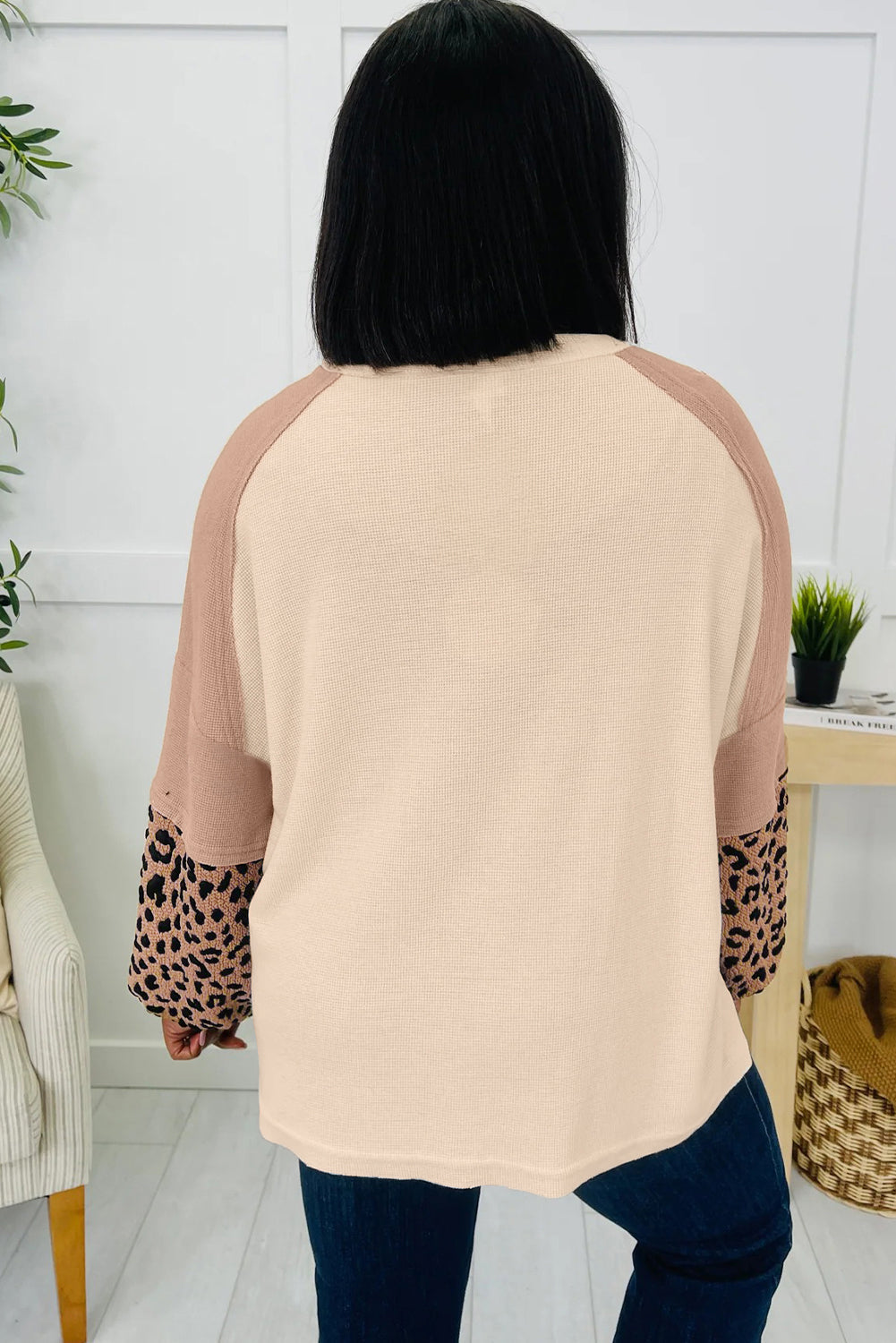 Light French Beige Leopard Star Color Block Patchwork Baggy Sweatshirt