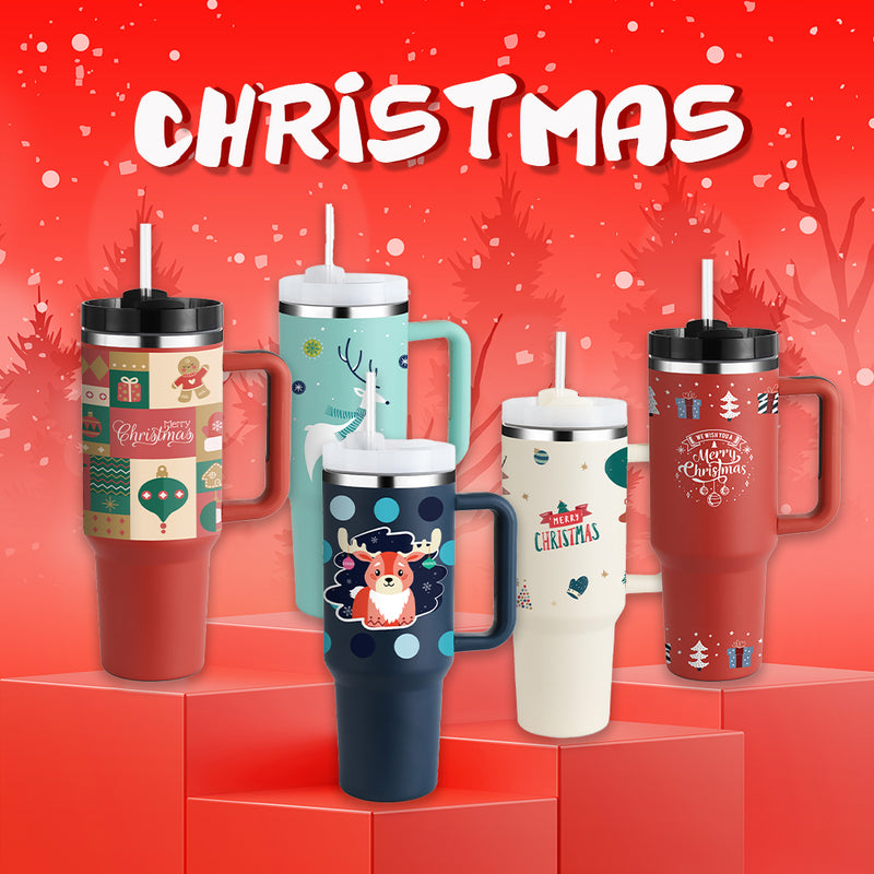 Thermal Mug 40oz Straw Coffee Insulation Cup with Handle Christmas Stainless Steel Water Bottle