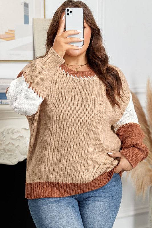 Plus Size Colorblock Knit Contrast Stitch Sweater