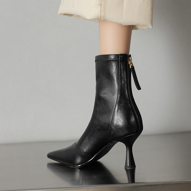 Cowhide Pointed Toe Stiletto Ankle Boots Women’s Back Zipper High Heel Booties