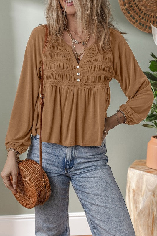 Smocked Split V-Neck Buttoned Blouse Solid