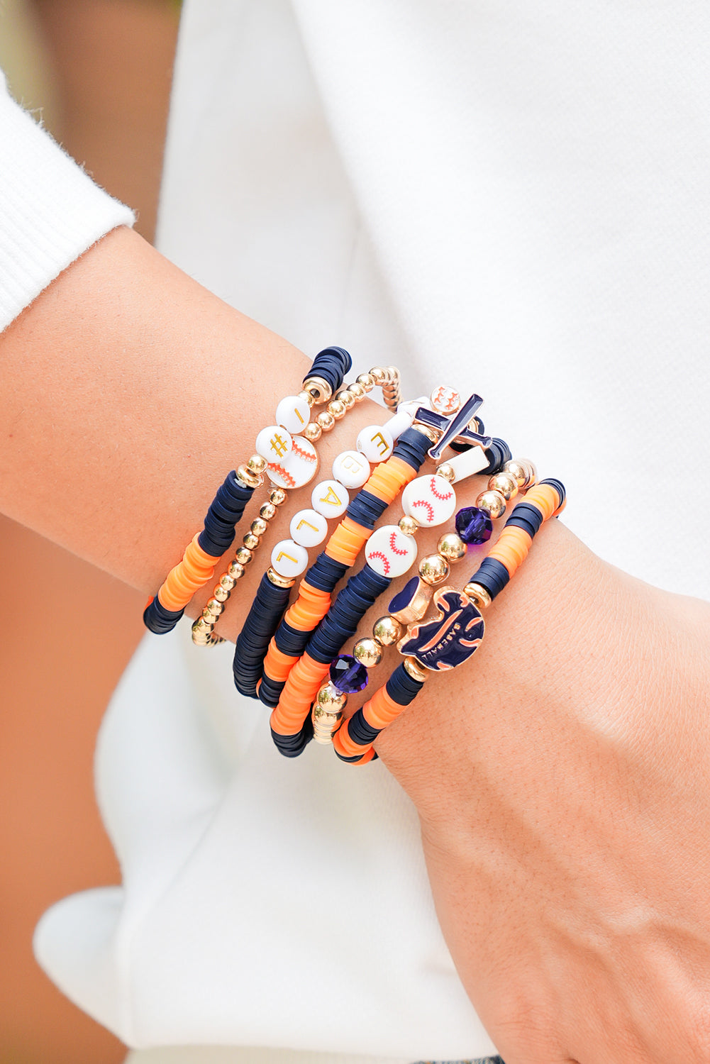 Russet Orange Stackable Football Bracelet Set 7pcs
