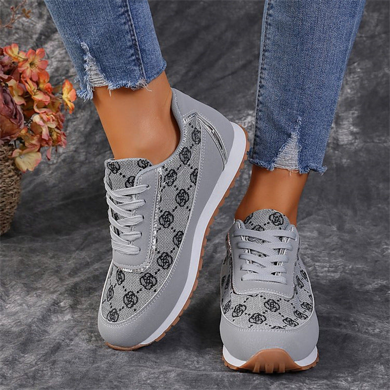 Floral Print Comfortable Lace-Up Canvas Sneakers
