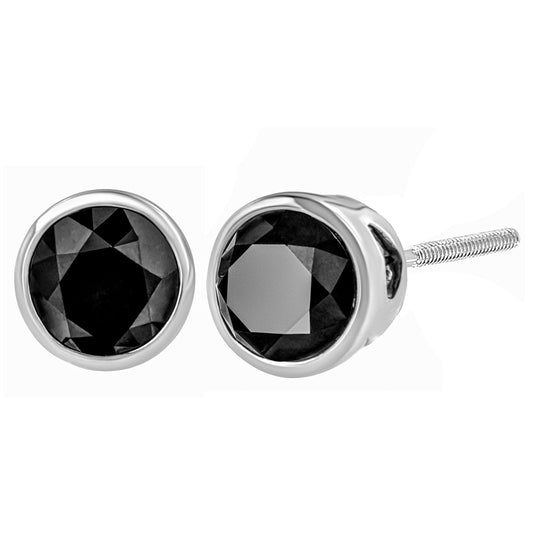 .925 Sterling Silver 4.00 Cttw Round Brilliant-Cut Black Diamond Bezel-Set Stud Earrings With Screw Backs (Fancy Color-Enhanced, I2-I3 Clarity)
