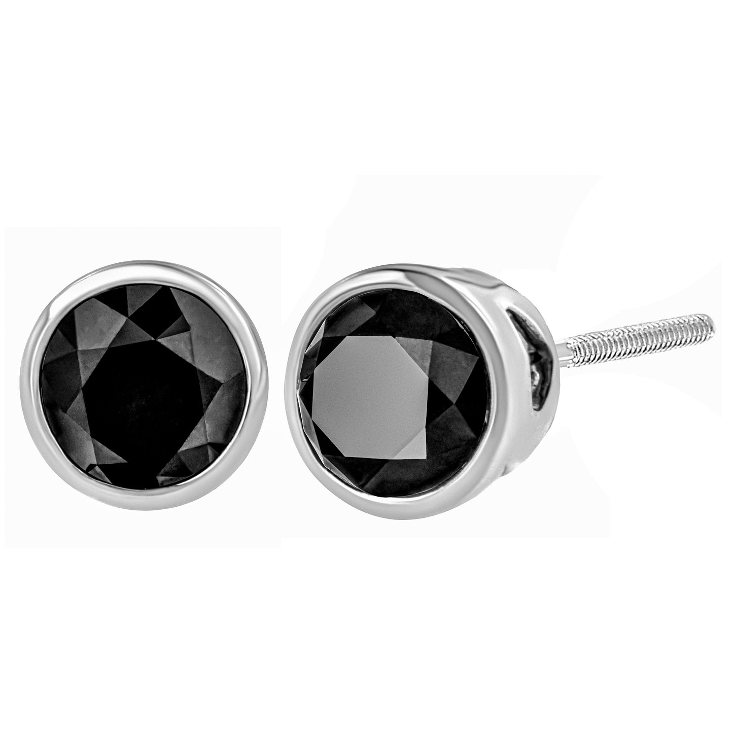 .925 Sterling Silver 3.00 Cttw Round Brilliant-Cut Black Diamond Bezel-Set Stud Earrings With Screw Backs (Fancy Color-Enhanced, I2-I3 Clarity)