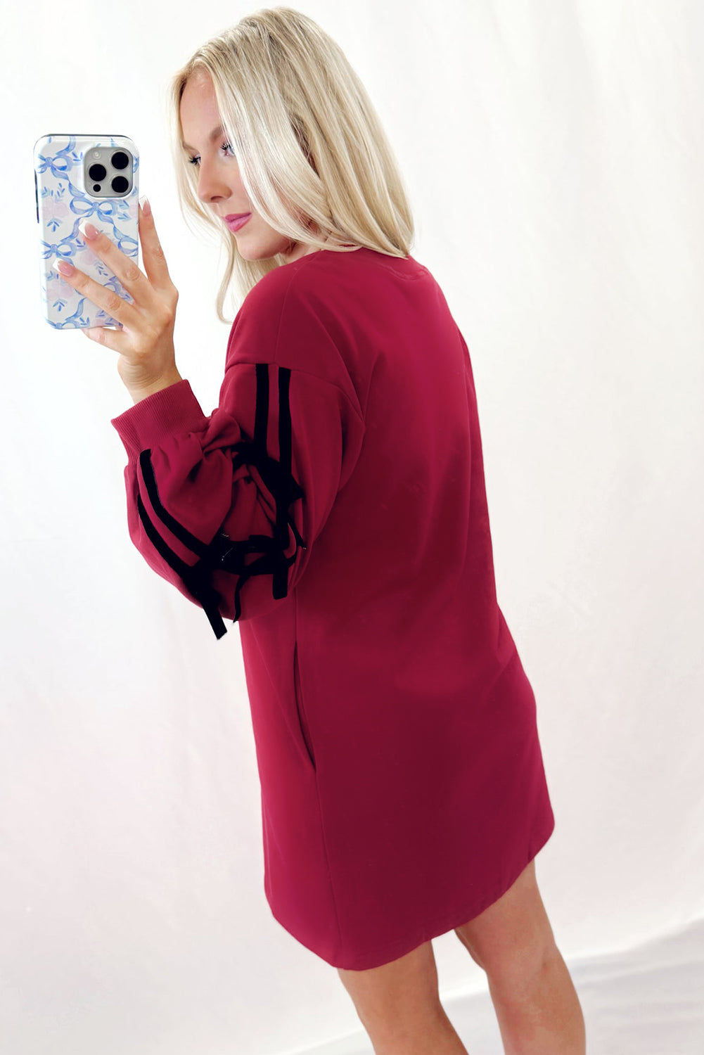 Racing Red Contrast Striped Bow Detail Sweatshirt Dress with Pockets