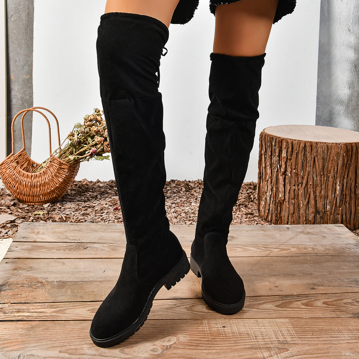 Women’s Elastic Thick Sole Knee-High Boots Solid Color Fashion Boots