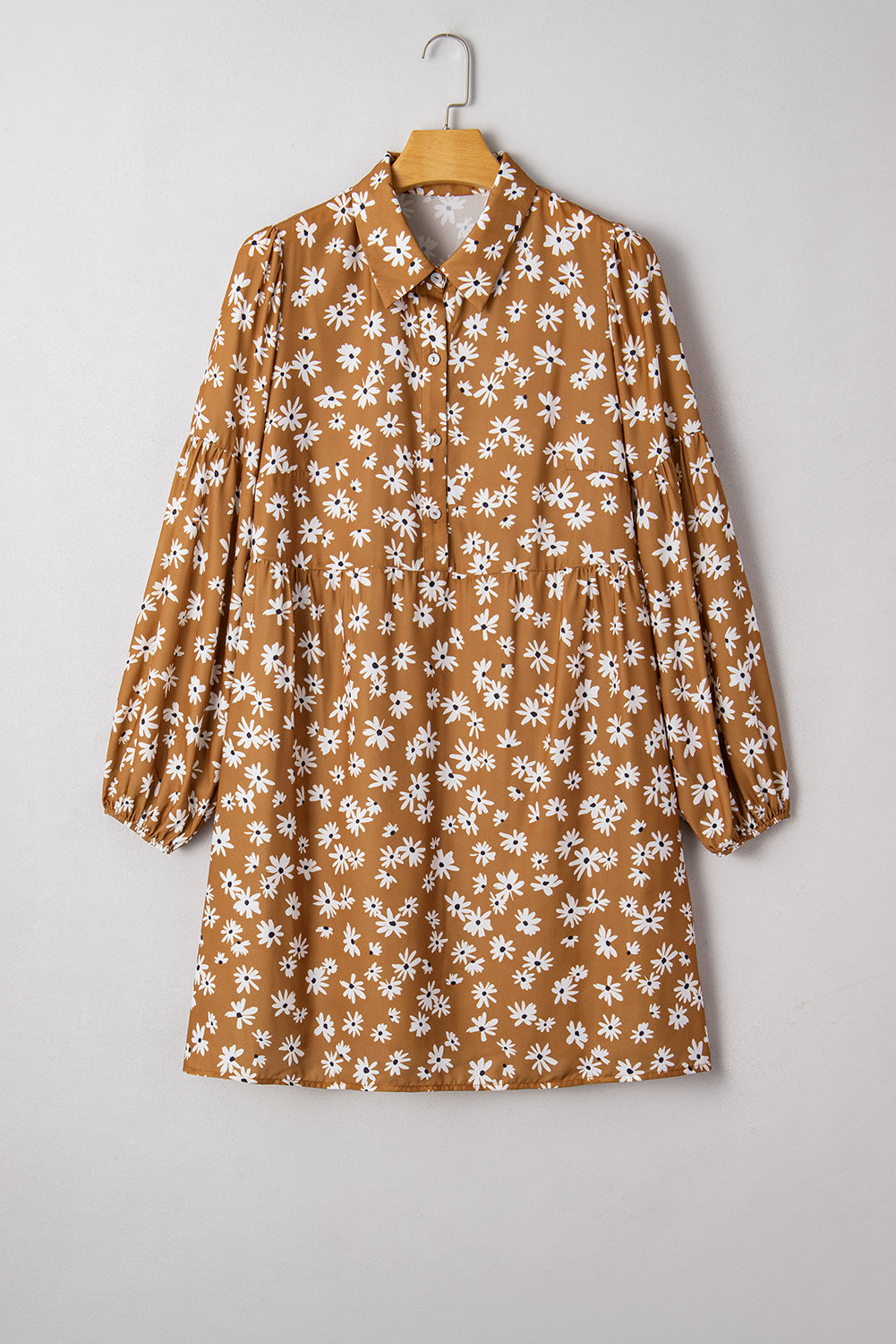 Khaki Plus Size Daisy Floral Print Puff Sleeve Dress